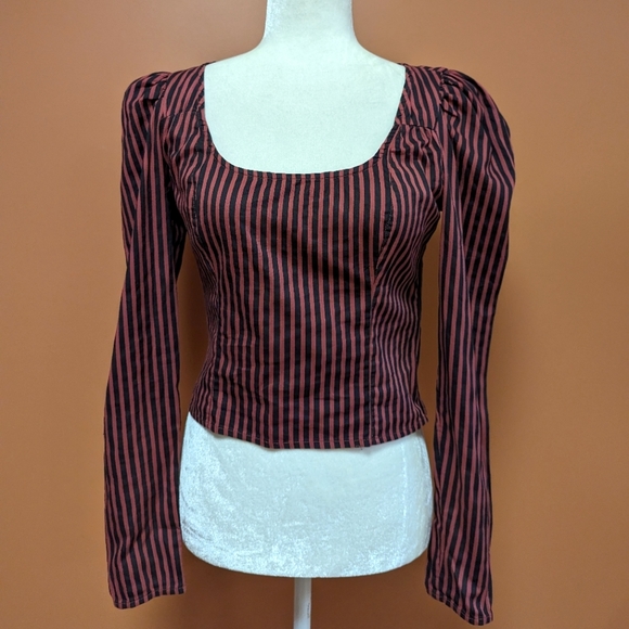 Free People Top Red Black Vintage Stripe Caroline Puff Sleeve Top Size XS - Picture 5 of 15